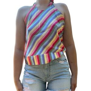 Moda International 100% Silk Rainbow Striped Halter Top #y2kfashion